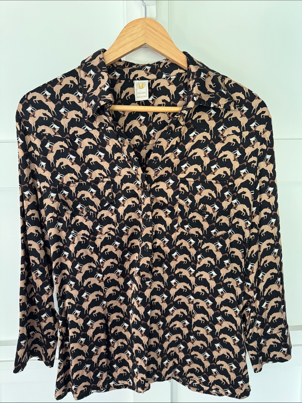 Herion Italy, Silk Wheat/Tan Horse Print Button-Up Shirt - Women's Casual Blouse